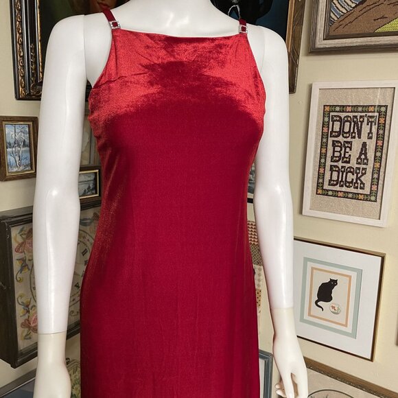 90s Vintage All That Jazz Red Stretch Velvet High Neck Column Maxi Dress Size S - Picture 2 of 6